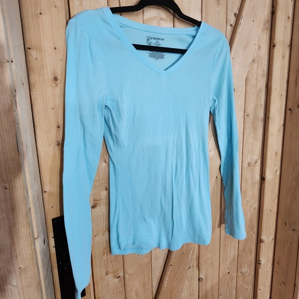 No Boundaries Womens Blue Ribbed Long Sleeve V-Neck Tee Shirt Size L 11-13 layer